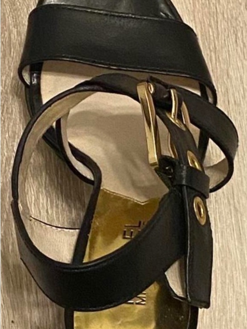 Michael Kors Black Leather Strappy Sandals with Gold Insole - Picture 7 of 8